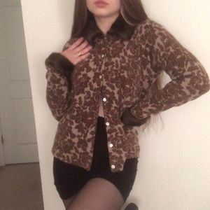 Vintage rabbit fur cuff and collar cardigan with a brown print size medium